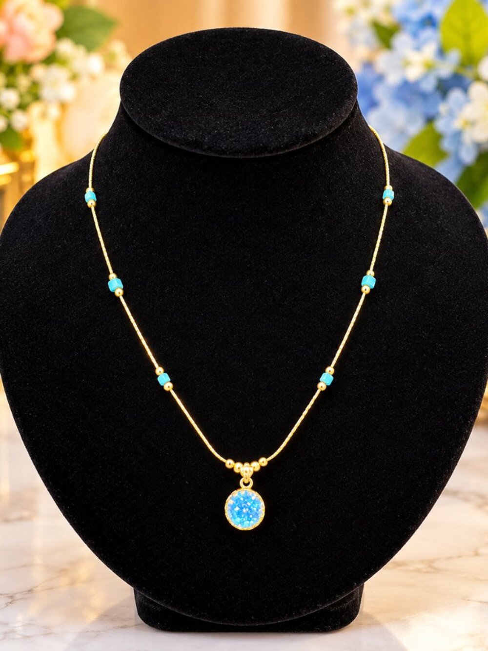 Gold over 925 Sterling Silver Blue Opal Pendant Necklace 18" Beaded Chain